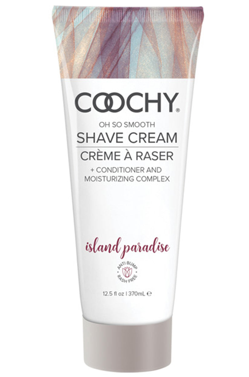 Coochy Rash Free Shave Cream bottle in Island Paradise, tropical-print label, on a white background.