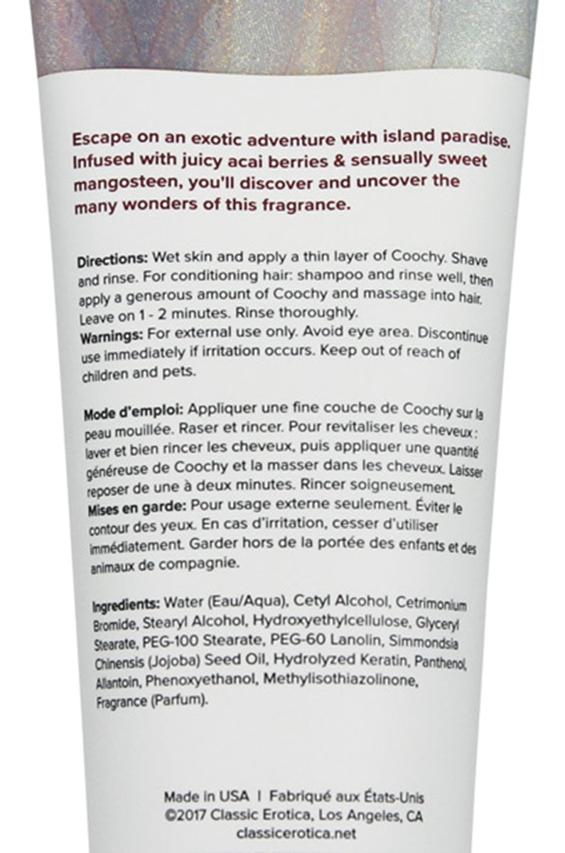 Coochy Rash Free Shave Cream Island Paradise label closeup showing ingredient and brand text.