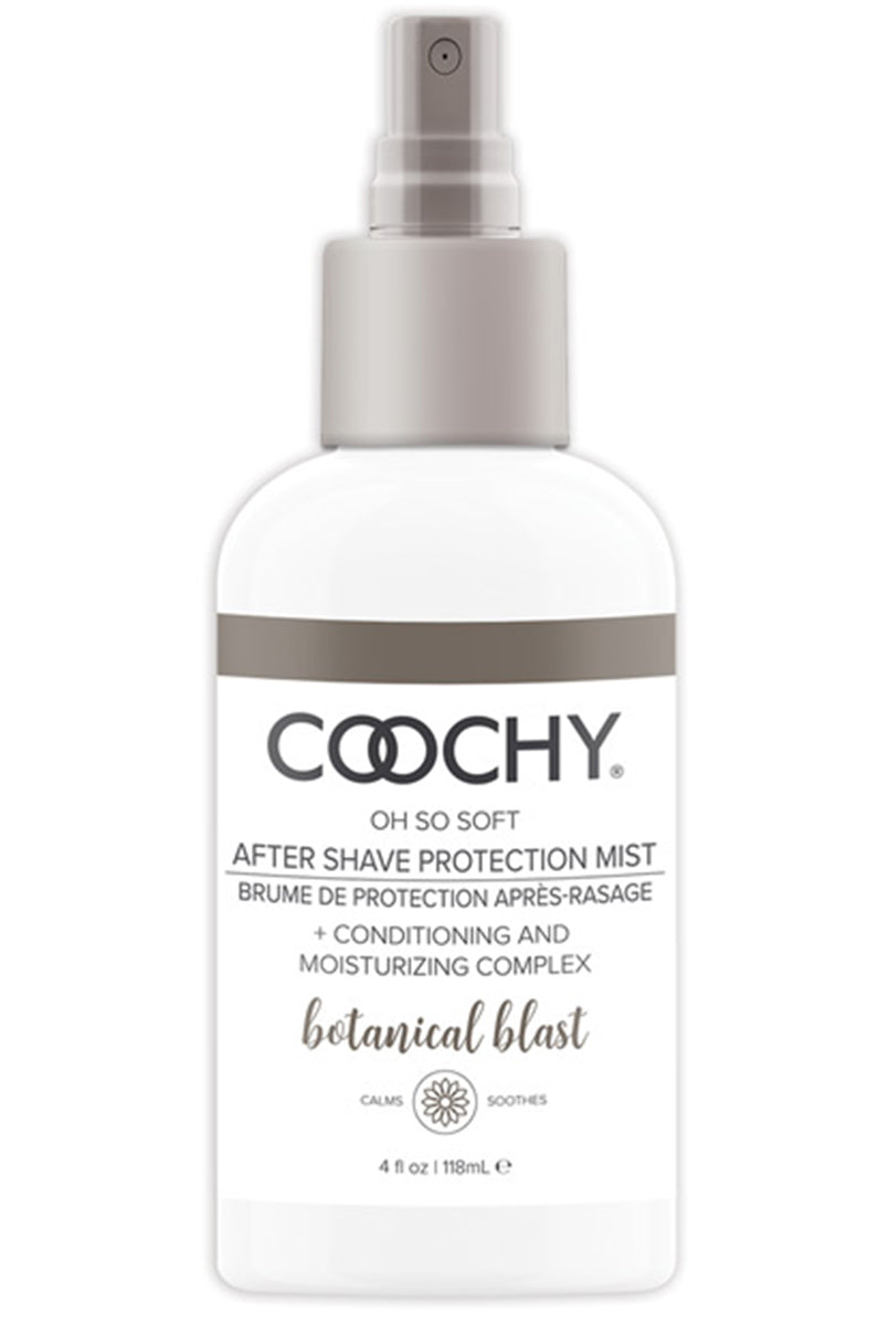 Coochy After Shave Protection Mist in Botanical Blast 4 oz spray bottle, lavender label, on a white background.