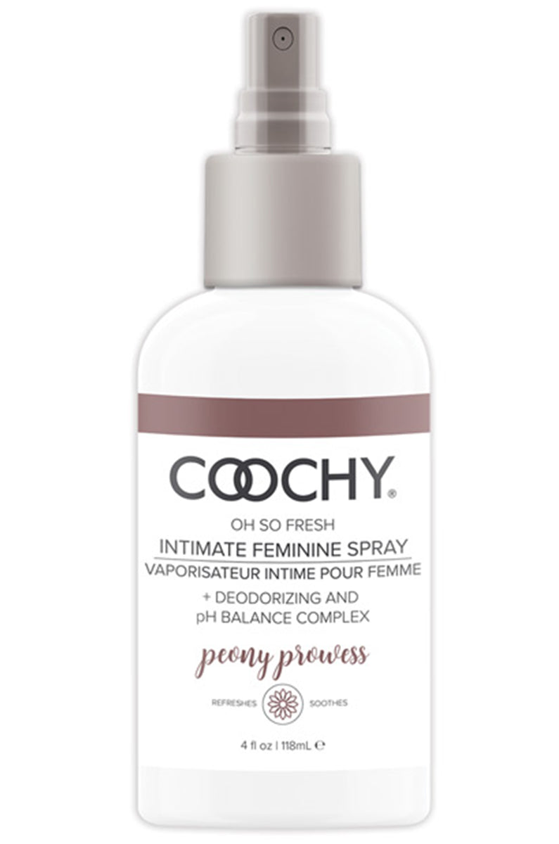 White 4 fl oz Coochy Oh So Fresh Intimate Feminine Spray bottle in Peony Prowess scent with tan label band and spray cap.