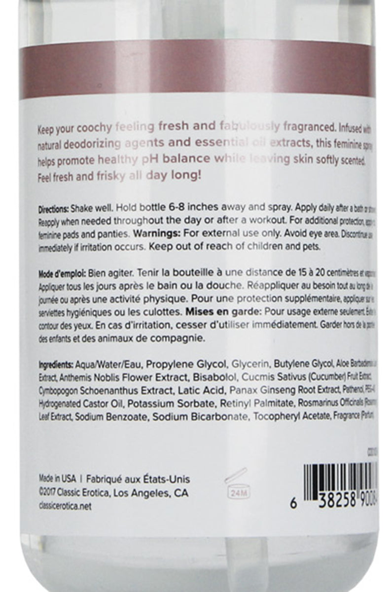 Back label of Coochy Oh So Fresh spray bottle showing directions, warnings, ingredients, and barcode in English and French.