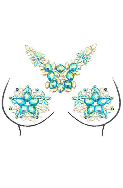 Two flower-cluster nipple pasties in iridescent teal-blue, gold, and clear faceted gemstones, plus a coordinating chest body sticker.