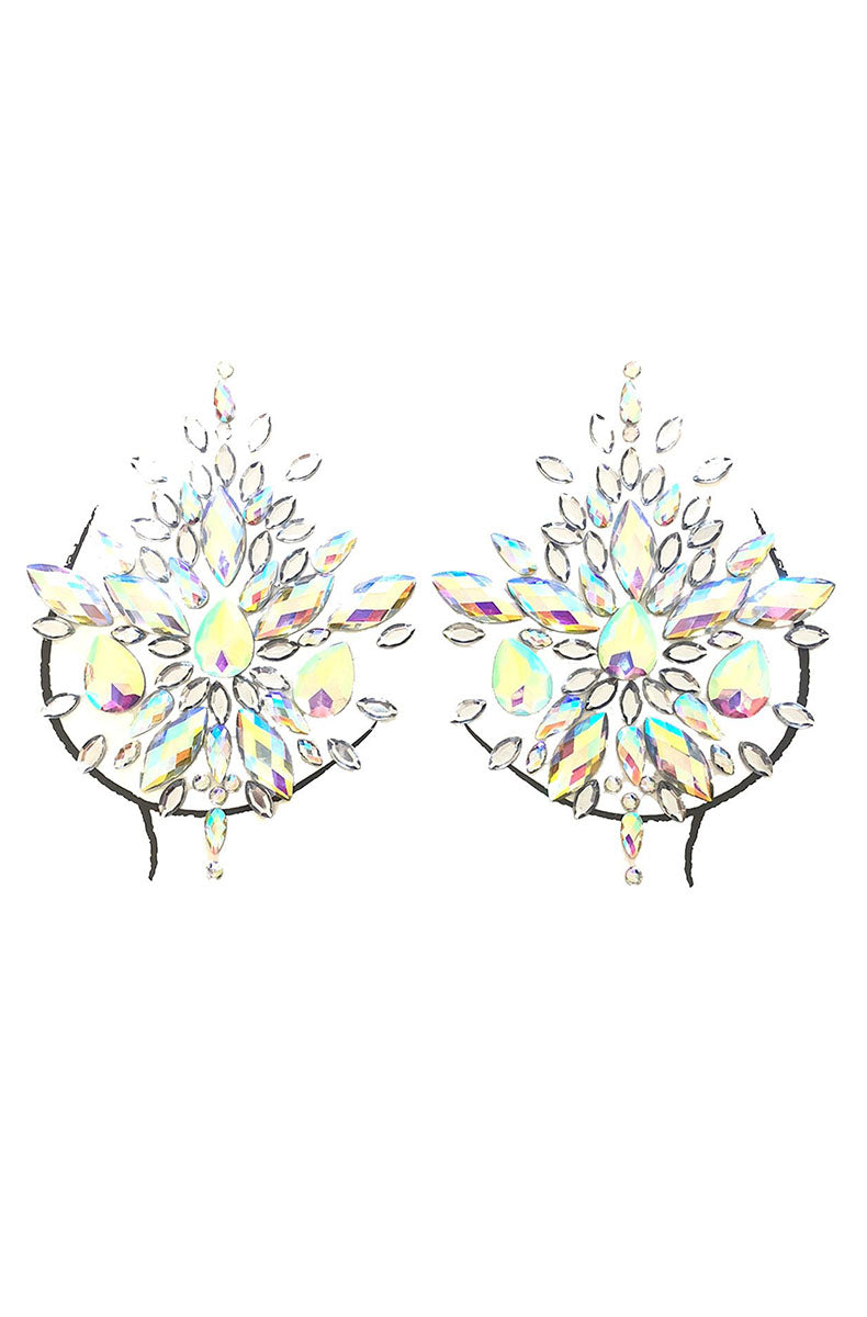 Two body-jewel pasties built from a starburst of clear and aurora borealis faceted stones in mixed cuts.