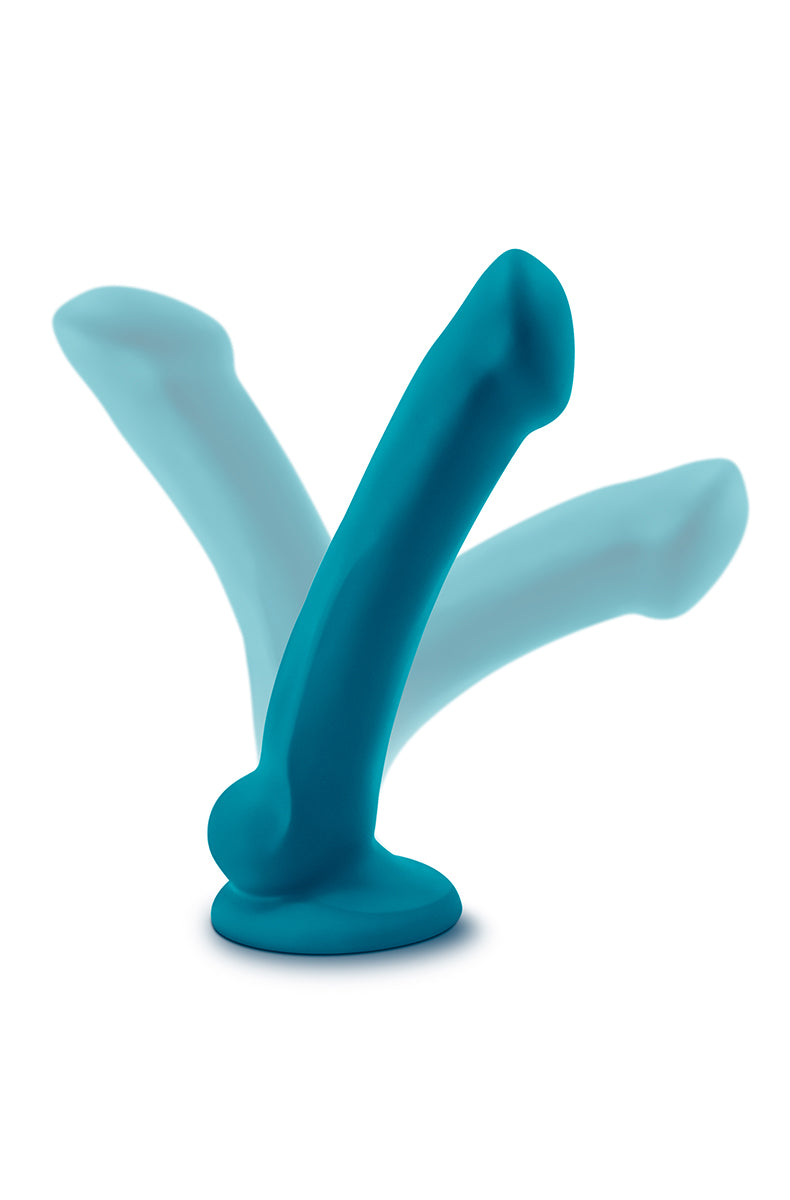 Reina teal silicone dildo side view showing the slim shaft and sculpted head.