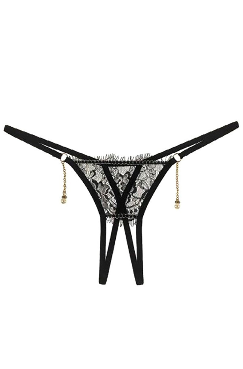 Black floral lace crotchless g-string panty with a thin double-strap waistband, eyelash lace trim, and gold-chain side accents finished with pearl and diamond charms at each hip.
