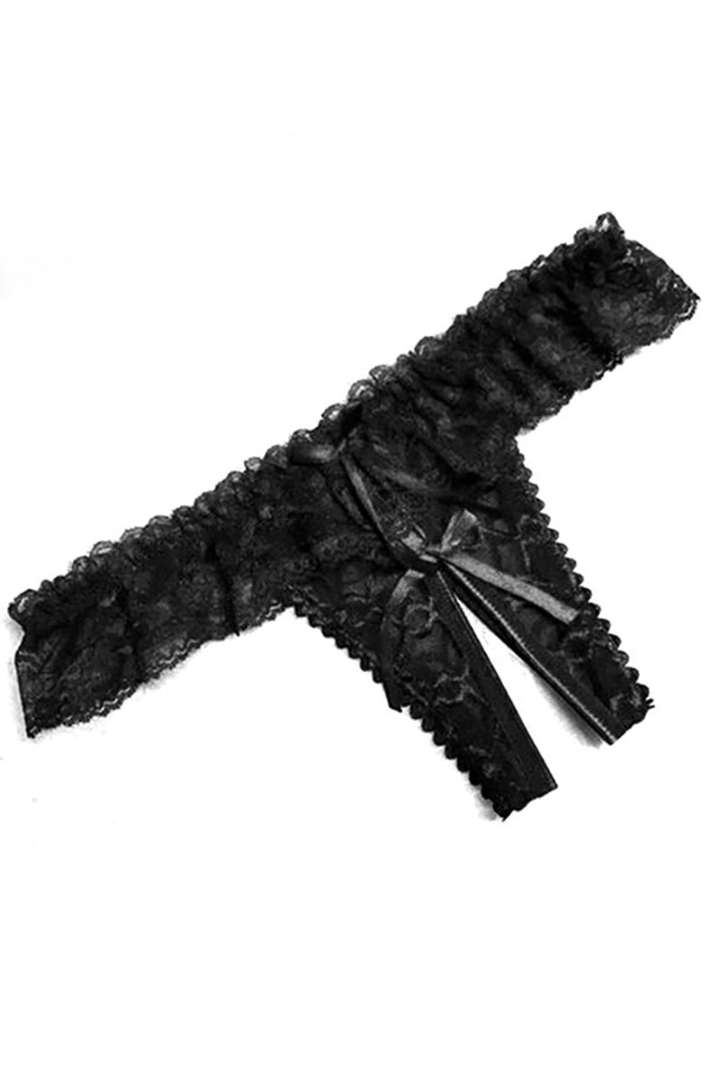 Black ruffled floral lace crotchless thong with a wide ruffled lace front waistband, allover floral lace, and a black satin bow at the center front with long trailing satin ribbon ties.