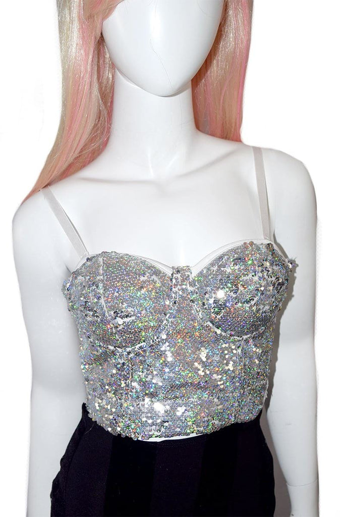 Sequin Bustier in White/Holographic Silver 