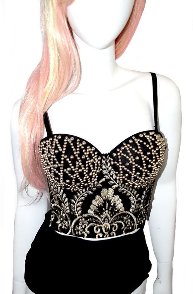 Pearl And Embroidery Bustier in Black 