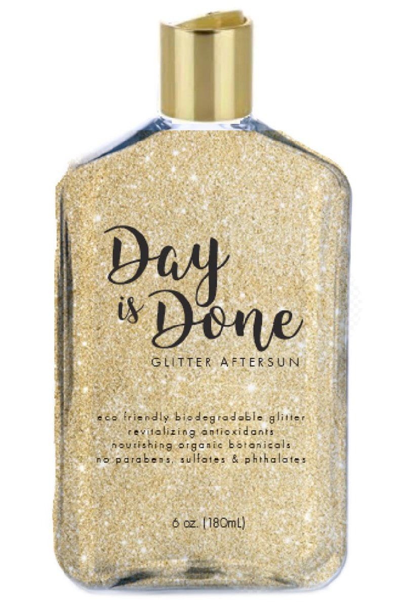 Day is Done After Sun glitter lotion bottle from Sunshine and Glitter with cool-shimmer label on a white background.