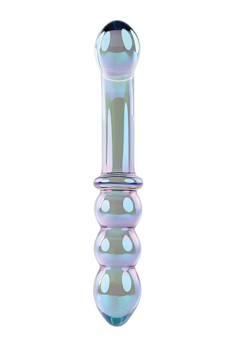 Luscious Galaxy iridescent borosilicate glass dual-ended dildo with a curved bulbous head and a triple-beaded tapered tip.