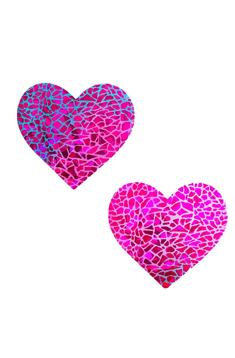 Two hot pink heart-shaped pasties with a crackled holographic dragon-scale overlay that shifts pink, lavender, and mint.