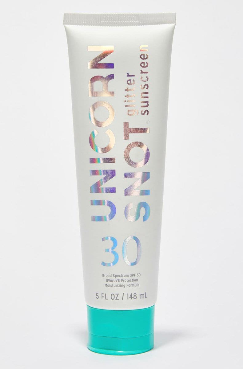 Unicorn Snot Glitter Sunscreen SPF 30 in Blue, holographic-label tube on a white background.