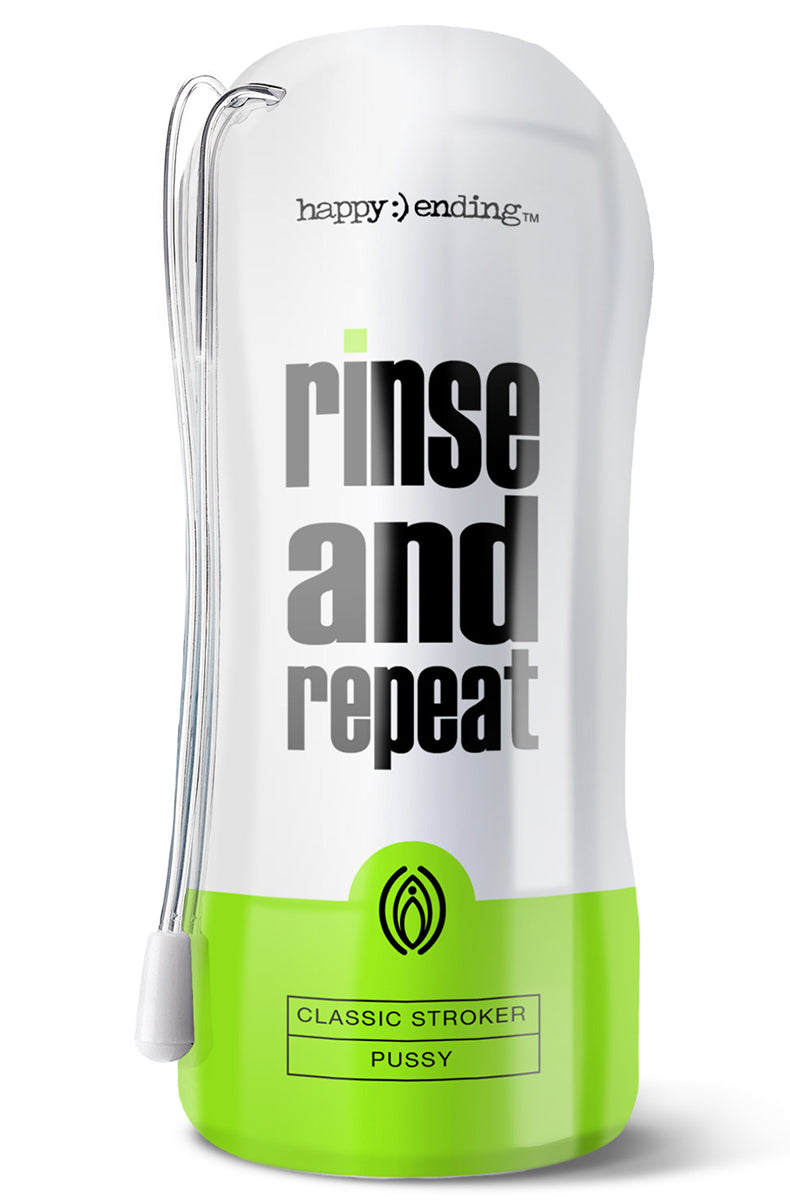 Side view of the stroker case showing the green base with the Happy Ending logo and the closed top.