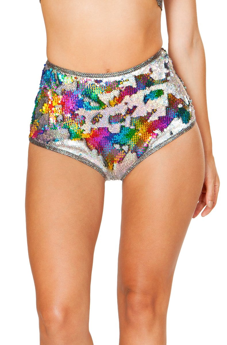 High-waist cheeky shorts in rainbow flip sequins with silver waistband