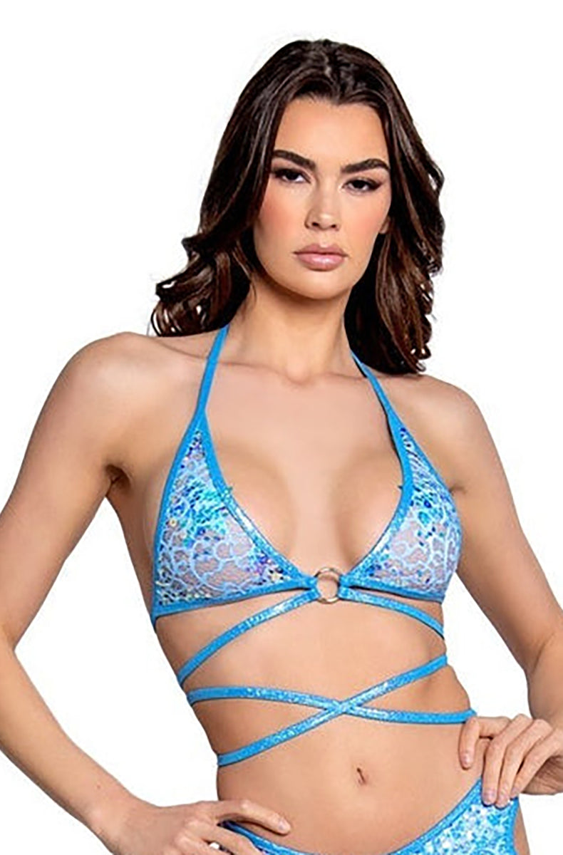 Model wearing pastel blue crochet triangle top with iridescent sequin detail and wrap-around ties