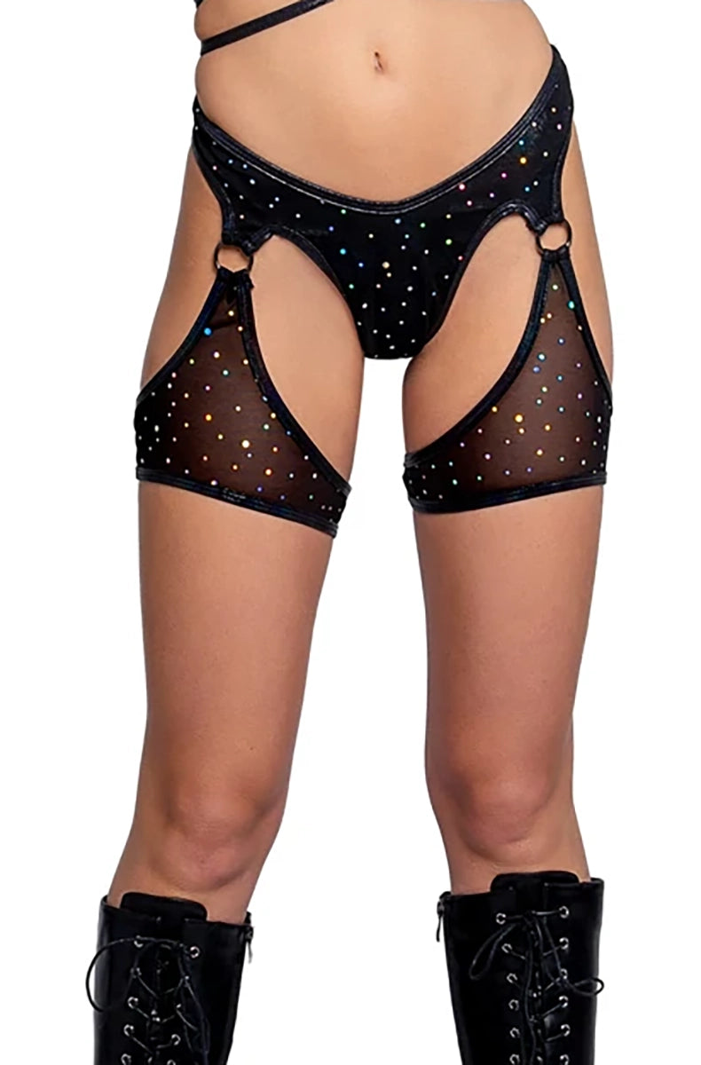 Sheer black mesh chap shorts with silver holographic dot print and attached sheer leg chaps