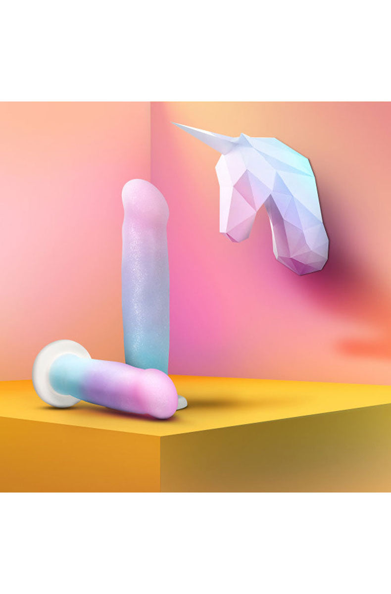 Second view of the Avant Unicorn iridescent silicone dildo with suction cup base.