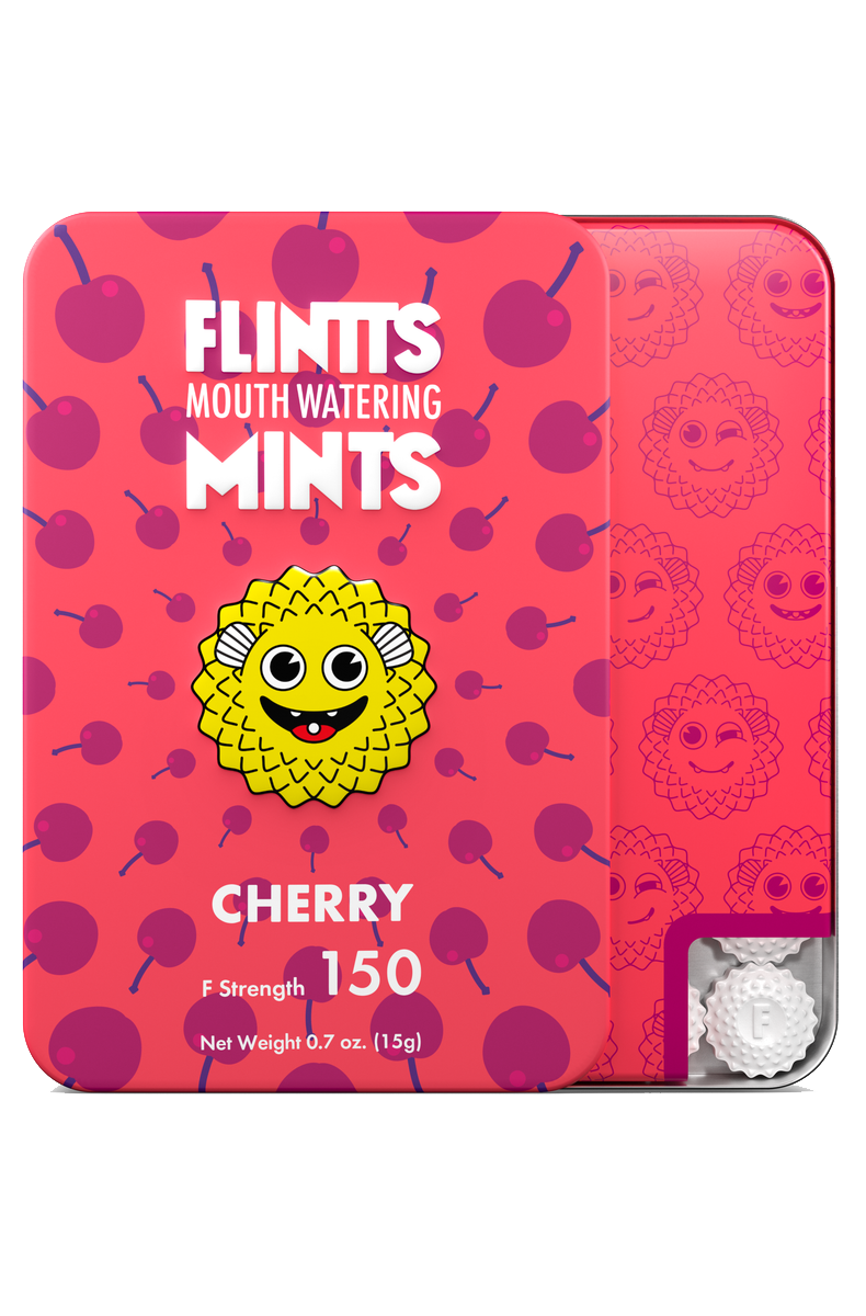 Pink Flintts Mints tin in Cherry flavor with mascot, strength 150