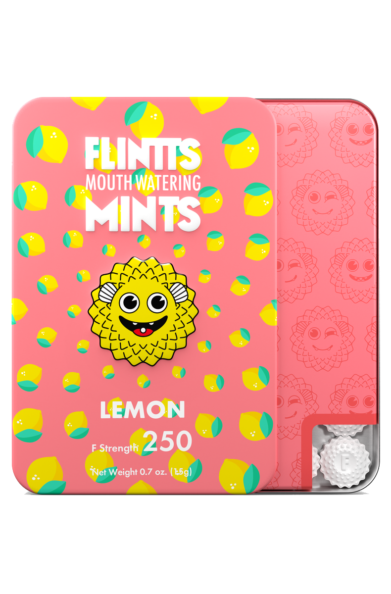 Pink Flintts Mints tin in Lemon flavor with mascot, strength 250