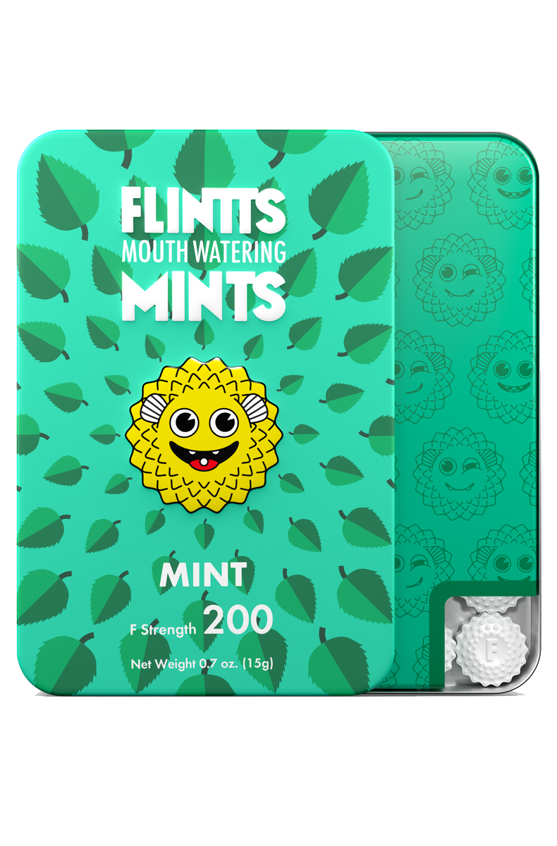Green Flintts Mints tin in Mint flavor with mascot, strength 200
