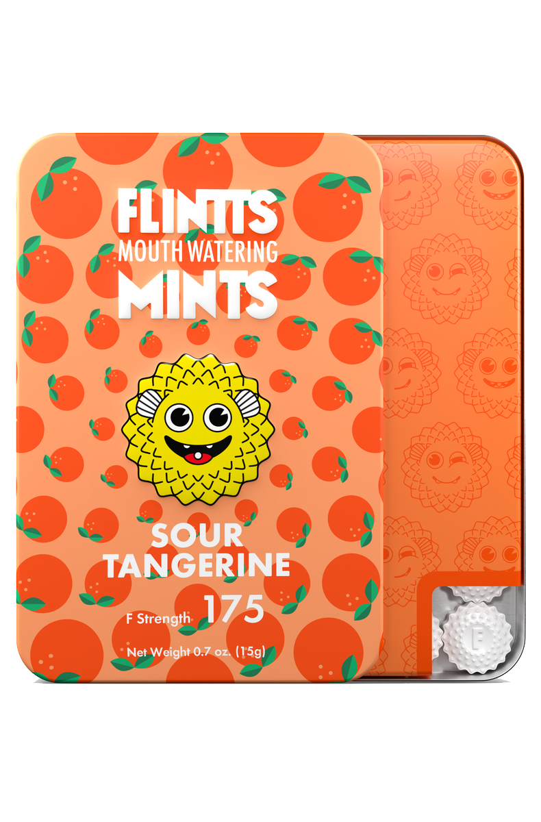 Orange Flintts Mints tin in Sour Tangerine flavor with citrus mascot, strength 175