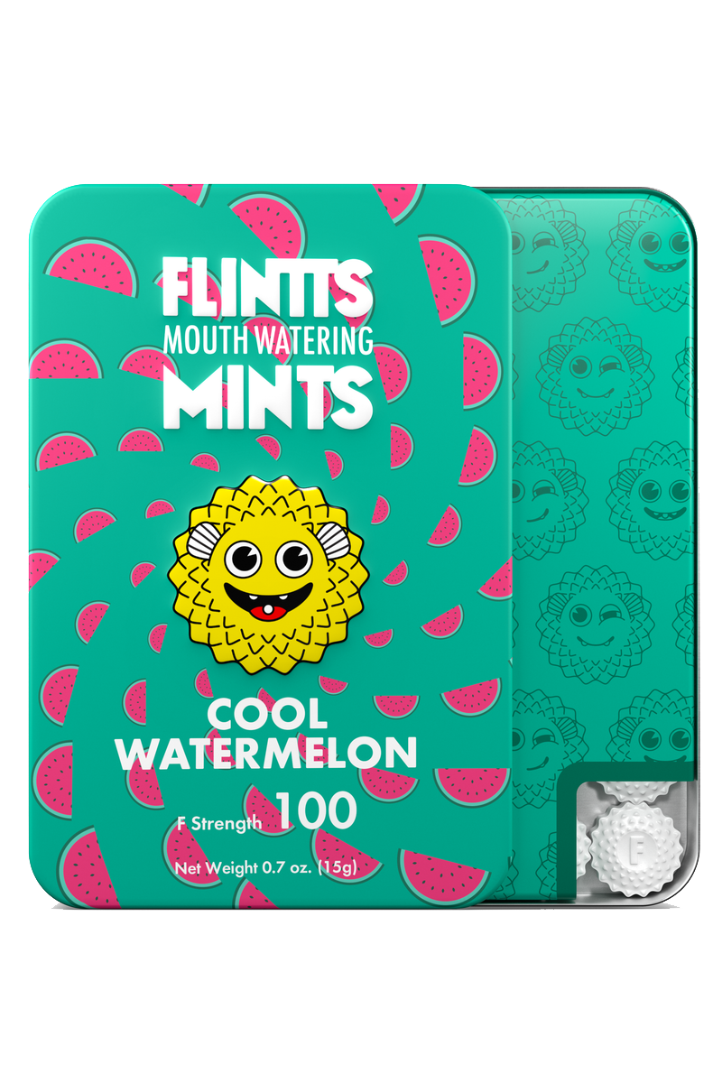 Teal Flintts Mints tin in Cool Watermelon flavor with pufferfish mascot, strength 100