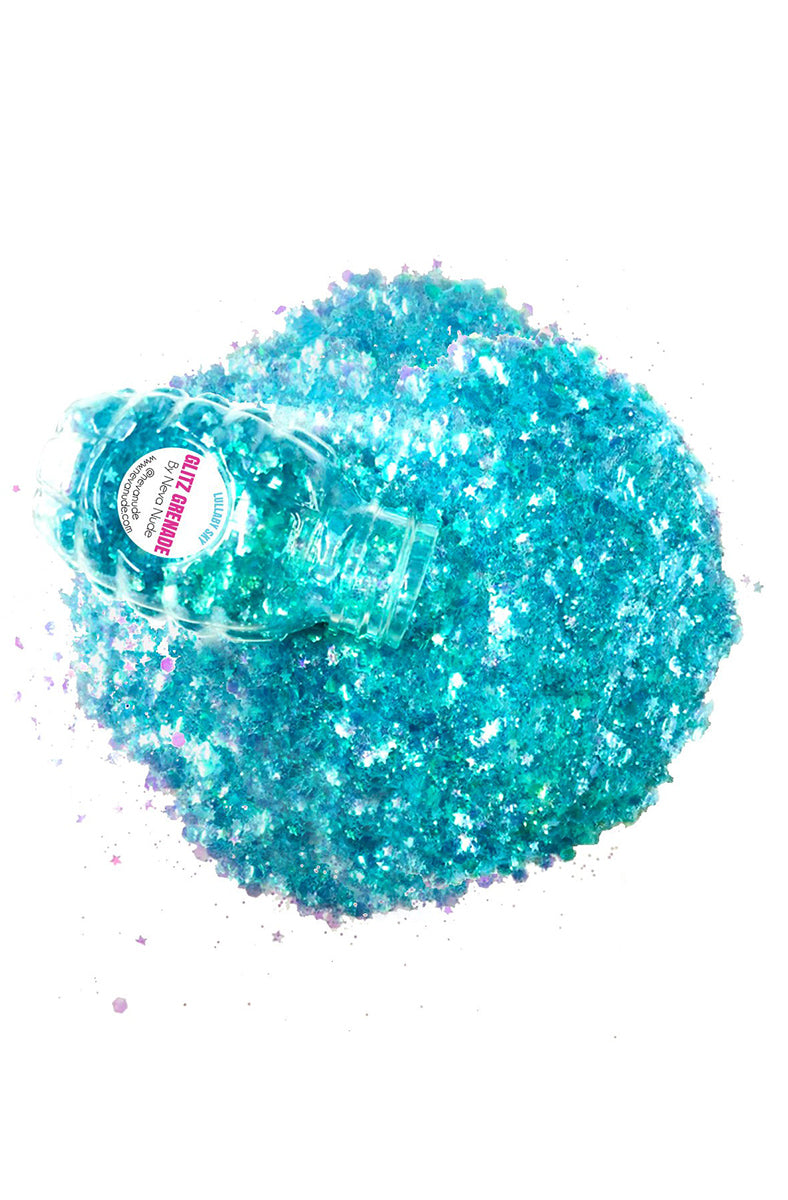 Neva Nude Aloe Gel Glitz Grenade Keychain in Lullaby Sky, side view showing keychain loop and safety lever closeup.