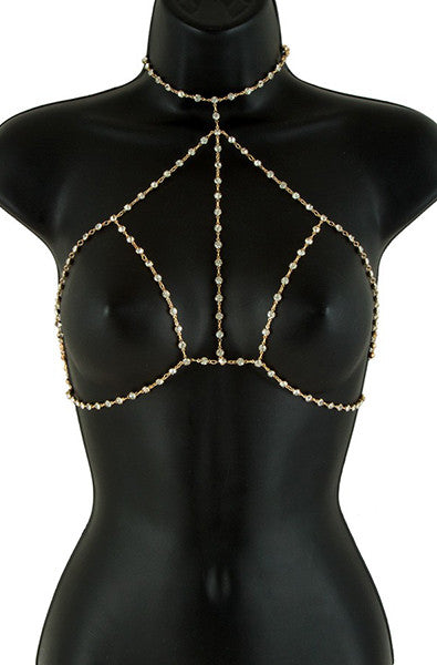 Gold-tone body chain bra with single rhinestone-bezel chains forming open bra triangles, plain gold chain band.