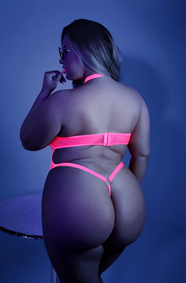 Fantasy Lingerie Black Light neon-pink fishnet bodysuit
