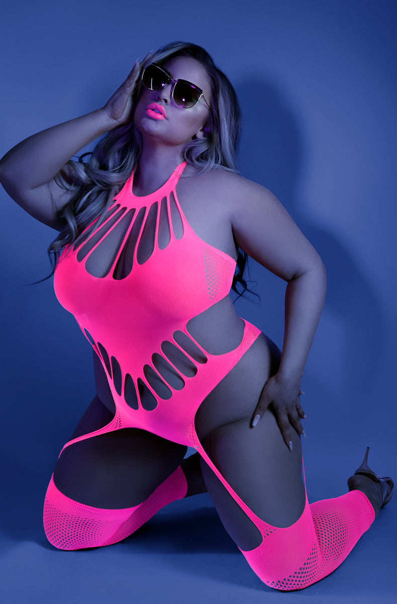 Elegant Moments Glow neon pink halter bodystocking