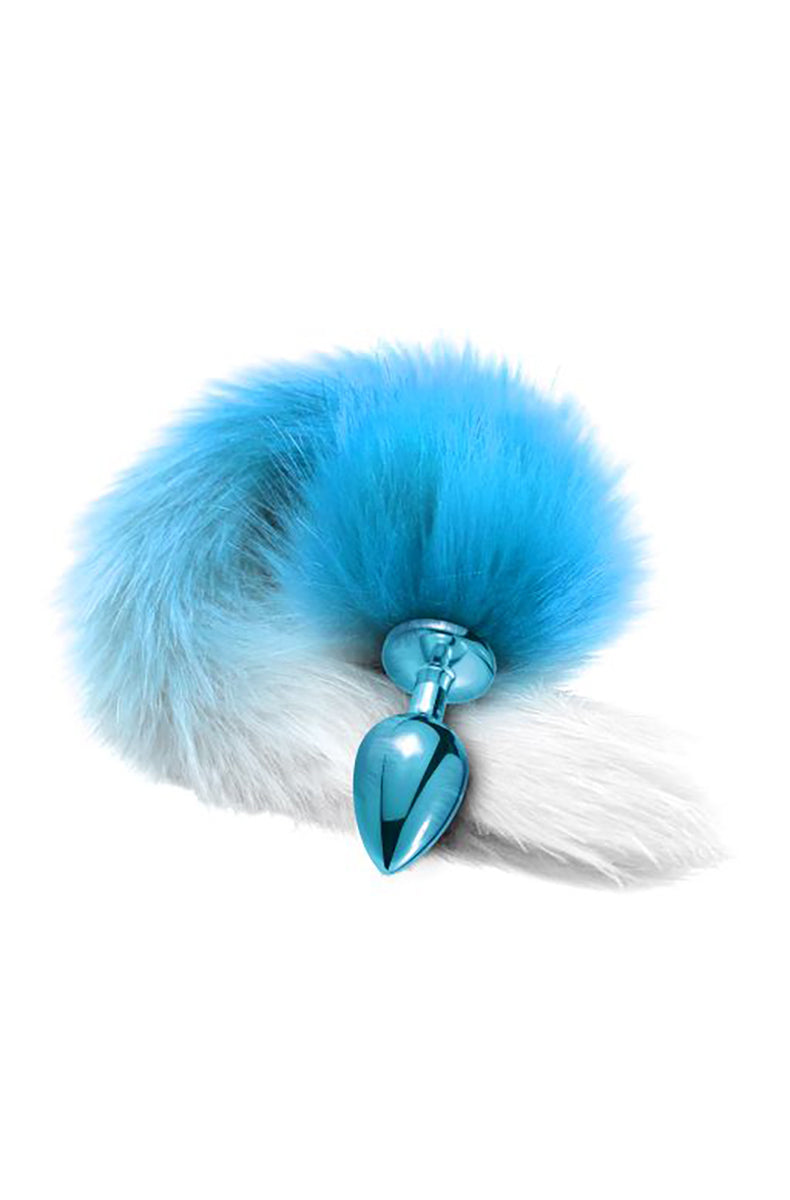 Polished blue metal teardrop butt plug attached to a long fluffy blue and white ombre faux fur tail, on a white background.