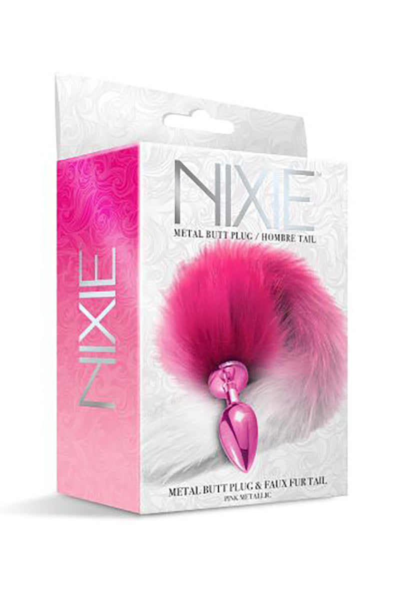 Front of Nixie metal butt plug hombre tail retail box on pink and silver background