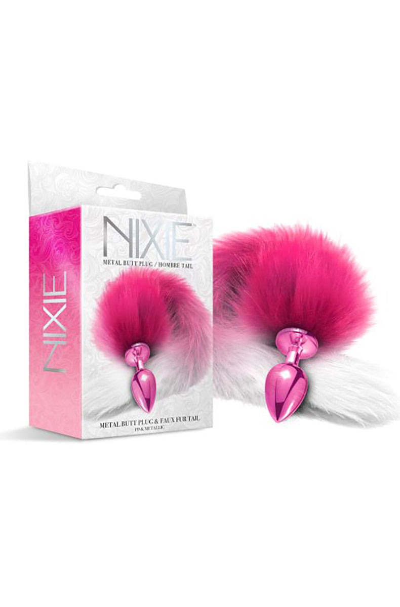 Nixie metal plug retail box beside the pink hombre tail plug, pink and silver theme