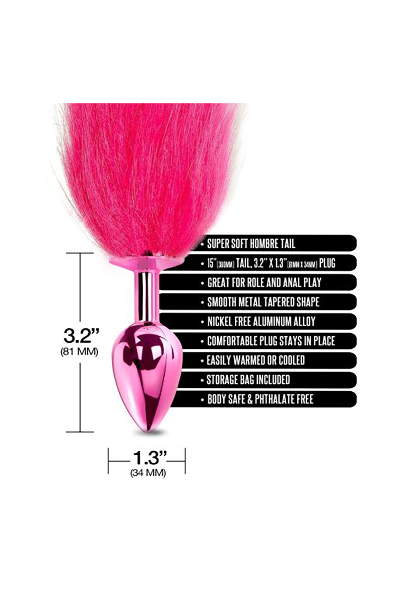 Pink metal plug with ombre tail shown with size icons listing 15 inch tail and features