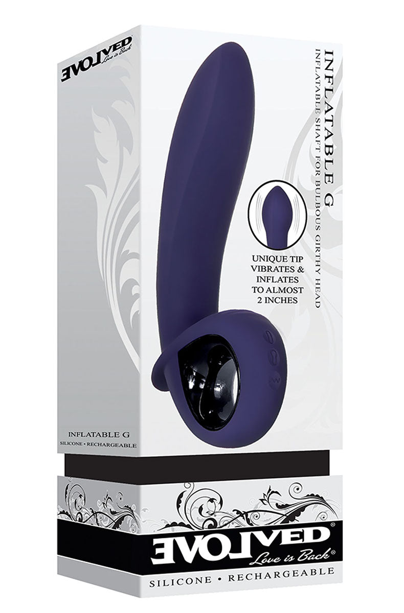 Inflatable G-spot vibrator angled to show the silicone shaft and the recessed inflate and deflate buttons inside the loop.