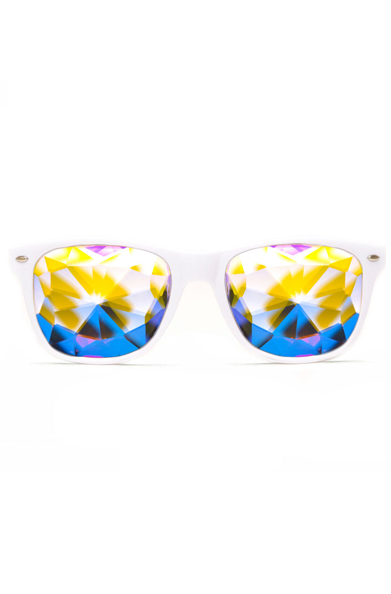 Wayfarer-style sunglasses with glossy white frames, GloFX branding on the temple, and faceted purple-blue kaleidoscope crystal lenses.