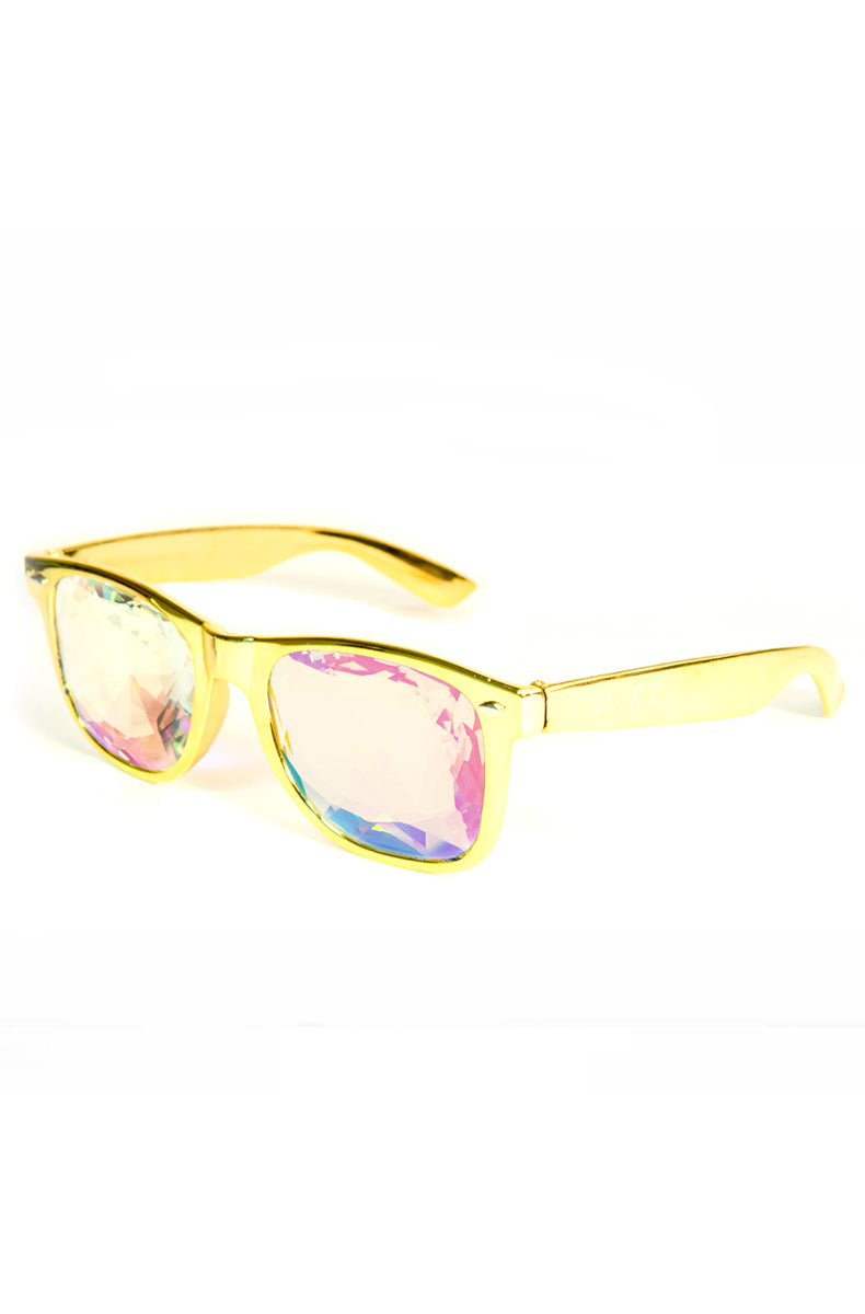 Wayfarer-style sunglasses with metallic gold frames, GloFX branding, and faceted iridescent kaleidoscope crystal lenses.