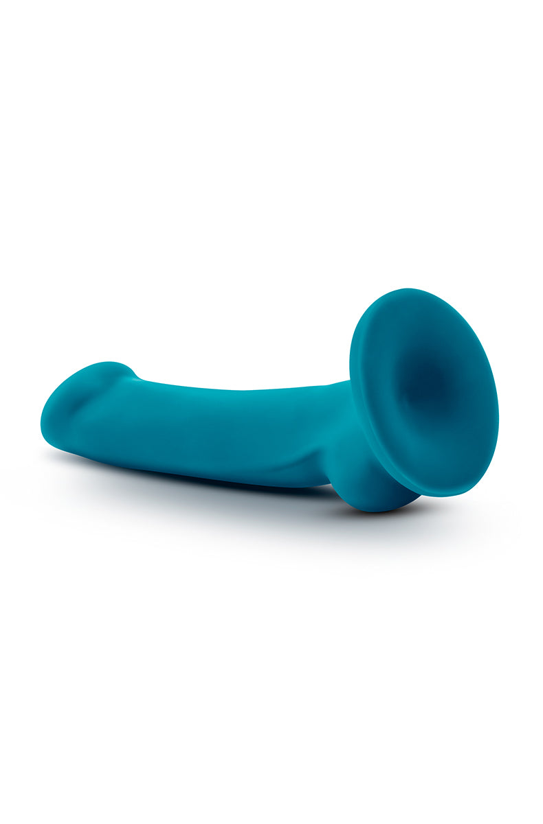 Reina teal silicone dildo close on the sculpted head and slim curved shaft.