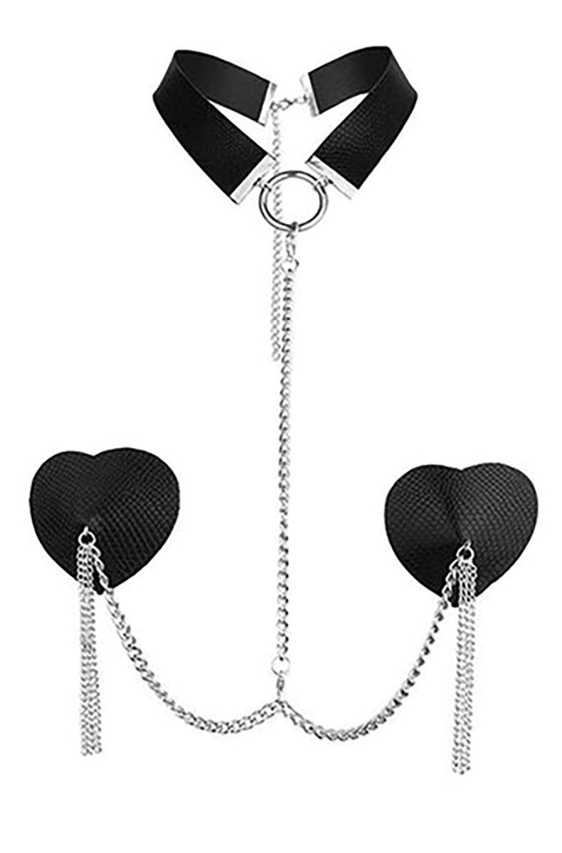 A three-piece set: a black textured collar with metal-trimmed front O-ring connected by silver chains to two black heart-shaped pasties with chain-fringe tassels.
