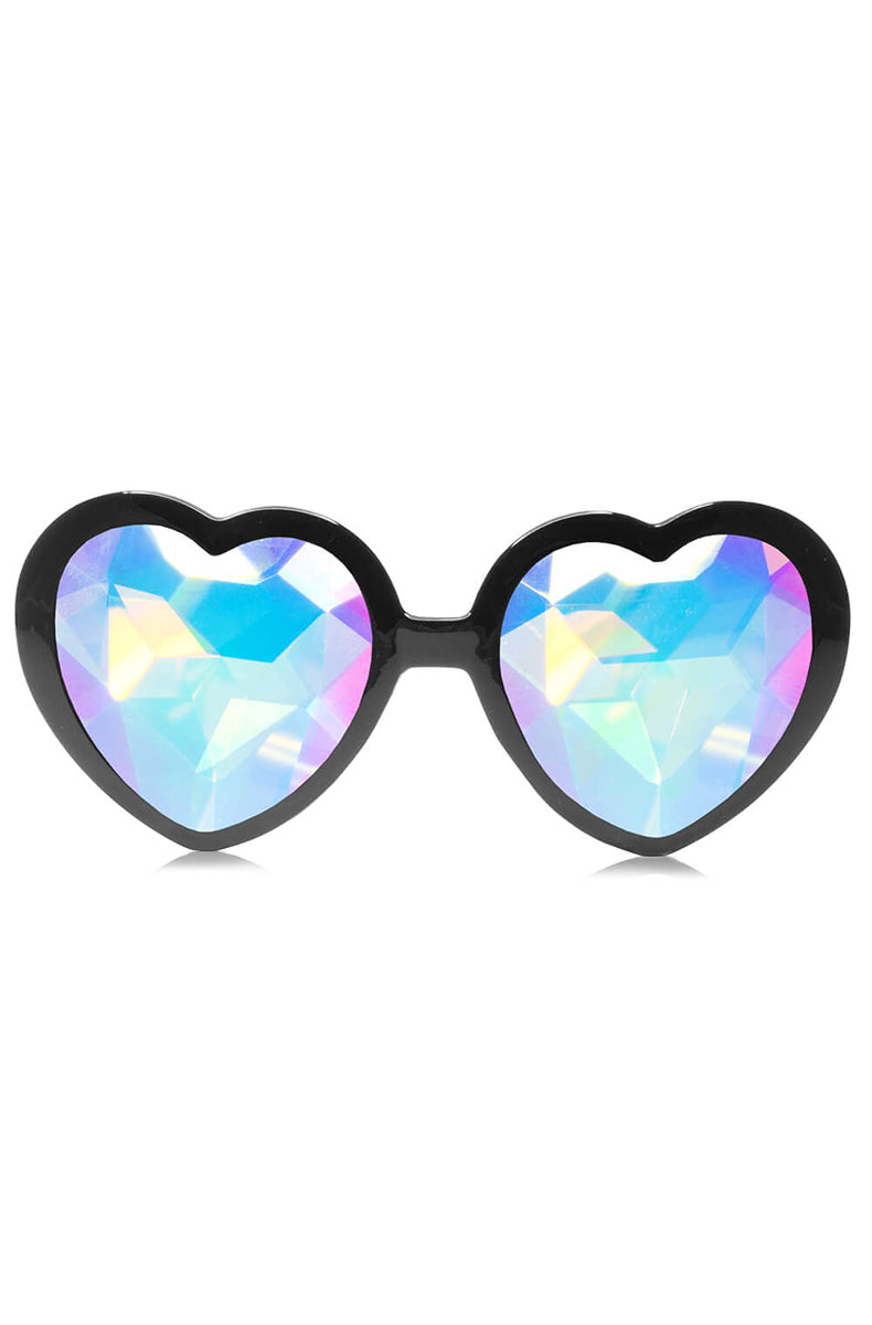 Heart-shaped sunglasses with glossy black frames and faceted iridescent kaleidoscope crystal lenses.