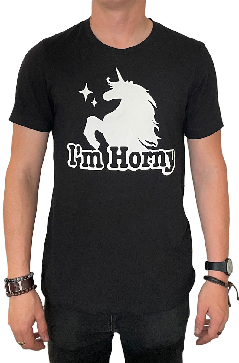 Black unisex t-shirt with white unicorn silhouette graphic and 'I'm Horny' text
