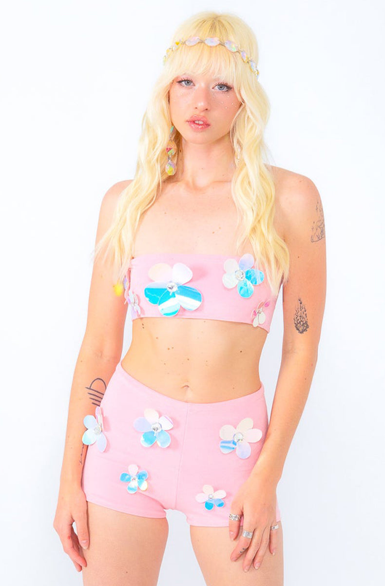 Baby pink strapless bandeau and high-waist short set with iridescent 3D flower appliqués and rhinestone centers