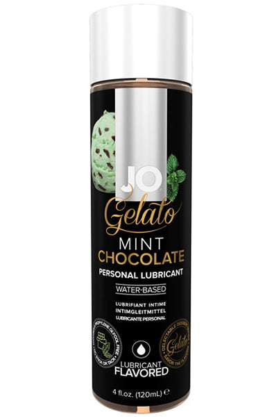 System JO Gelato Mint Chocolate water-based flavored lubricant bottle with green mint ice cream graphic on a black label.