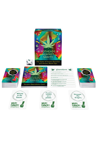 Side view of Potheads Against Sanity party game box showing question and answer card stacks with 8-sided die.