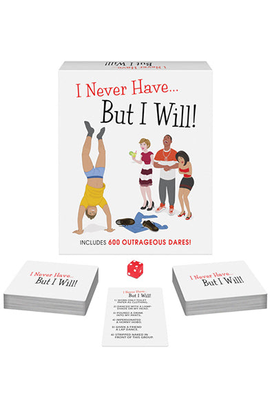 Side view of I Never Have But I Will Dares Party Game box showing dare cards and an 8-sided die.