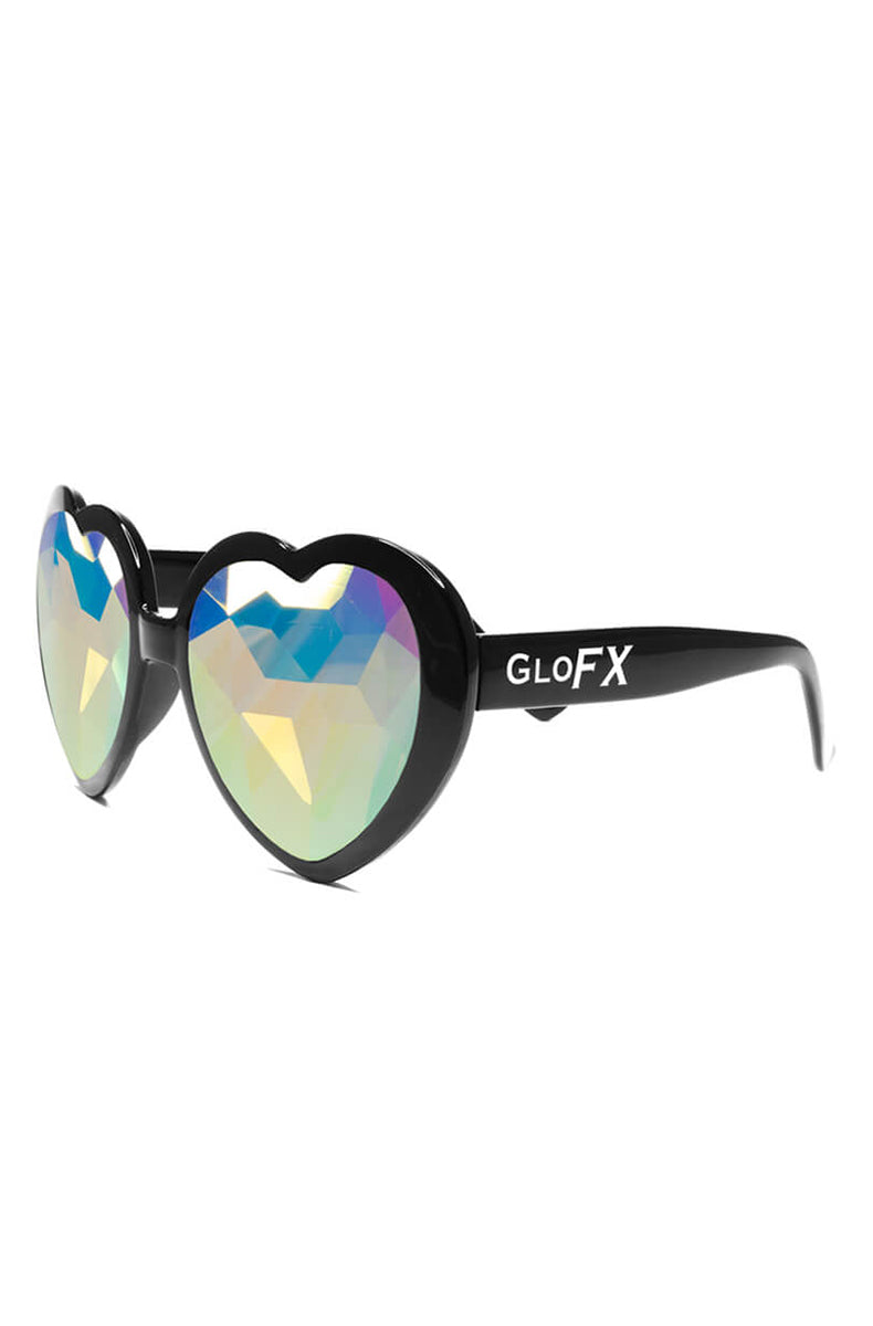 Heart-shaped sunglasses with glossy black frames and faceted iridescent kaleidoscope crystal lenses.