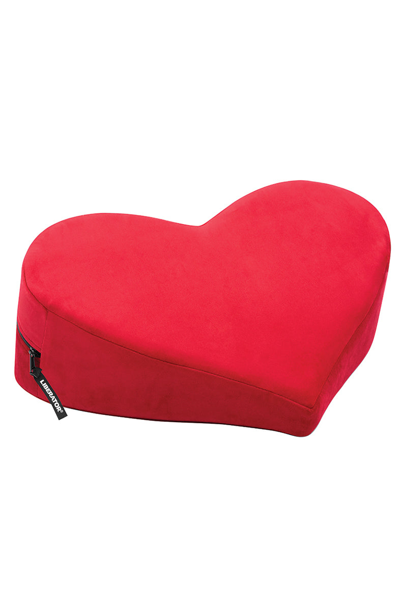 Red velvish covered Liberator Heart Wedge sex position pillow, heart shaped foam bolster with a side zipper.