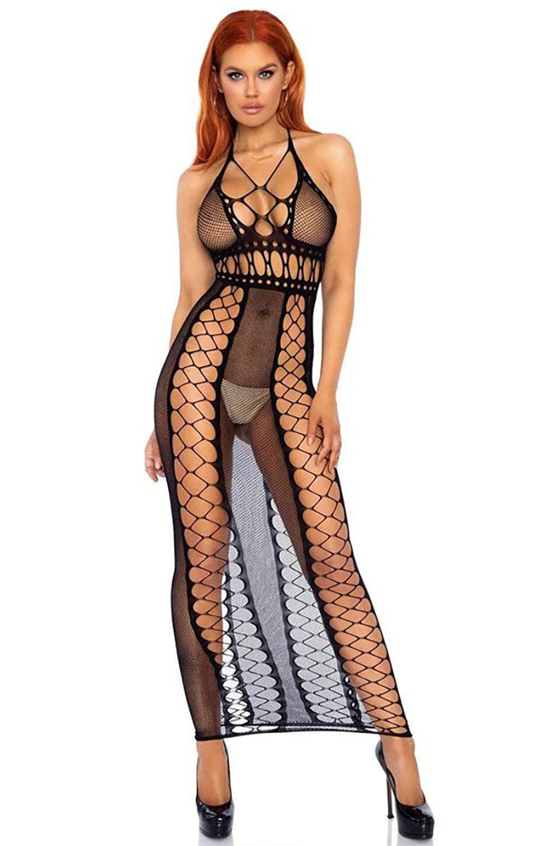 Black stretch fishnet bodycon maxi dress with halter neck ties, crisscross strap framing at the bust, mixed fishnet weaves (tighter mesh at the bust, large diamond fishnet down the body), and a floor-length silhouette.