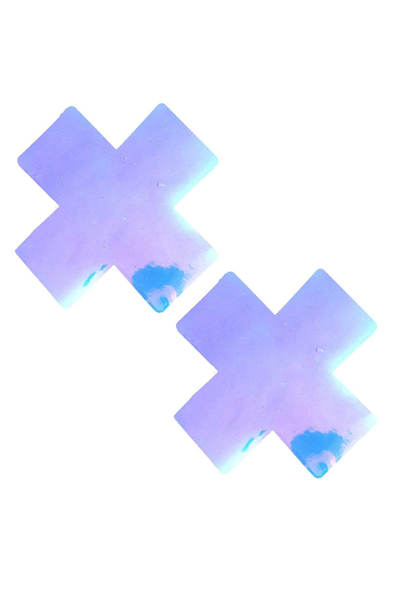 Two clear vinyl X-shaped pasties with an iridescent shift between lavender, sky blue, and pale pink.