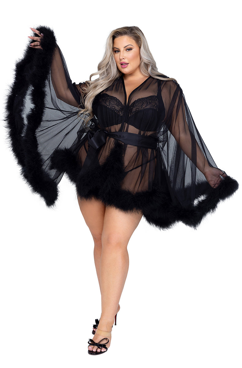 Sheer black tulle mini robe with black marabou feather trim along the cuffs, hem, and front opening, with full-length kimono sleeves and black satin sash.